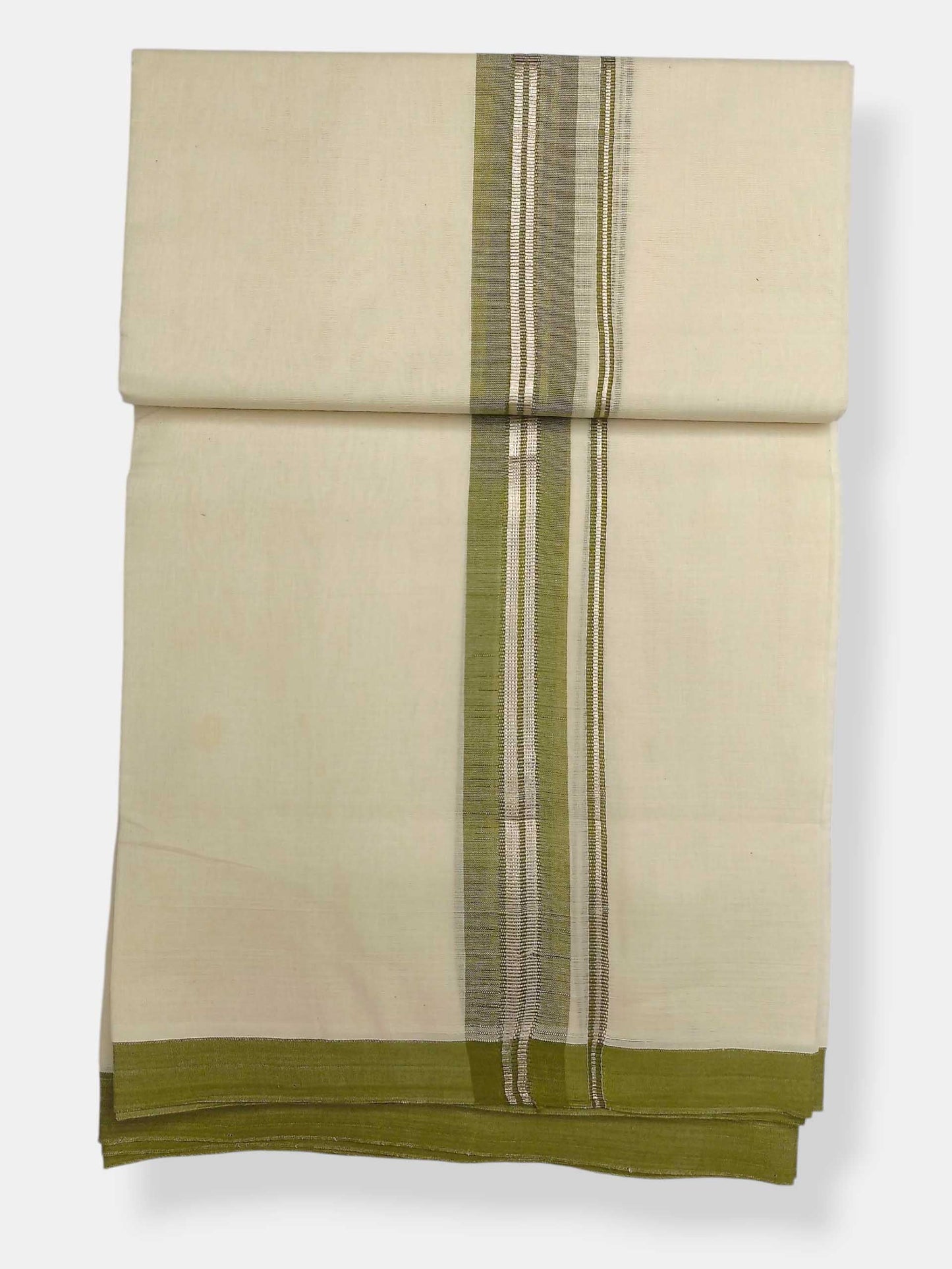 Balaramapuram Handloom Double Mundu Pure Cotton with Olive Green Border
