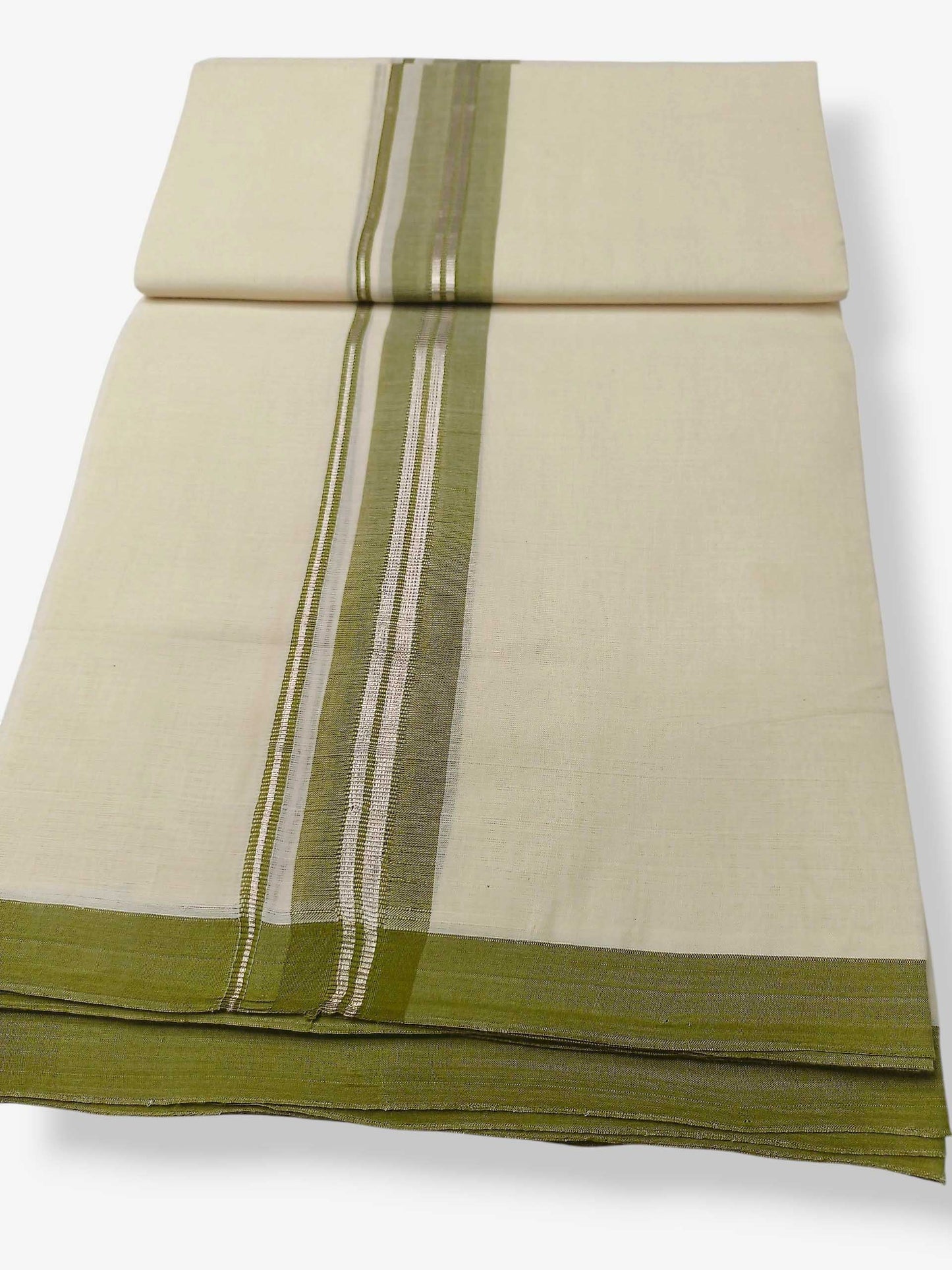 Balaramapuram Handloom Double Mundu Pure Cotton with Olive Green Border
