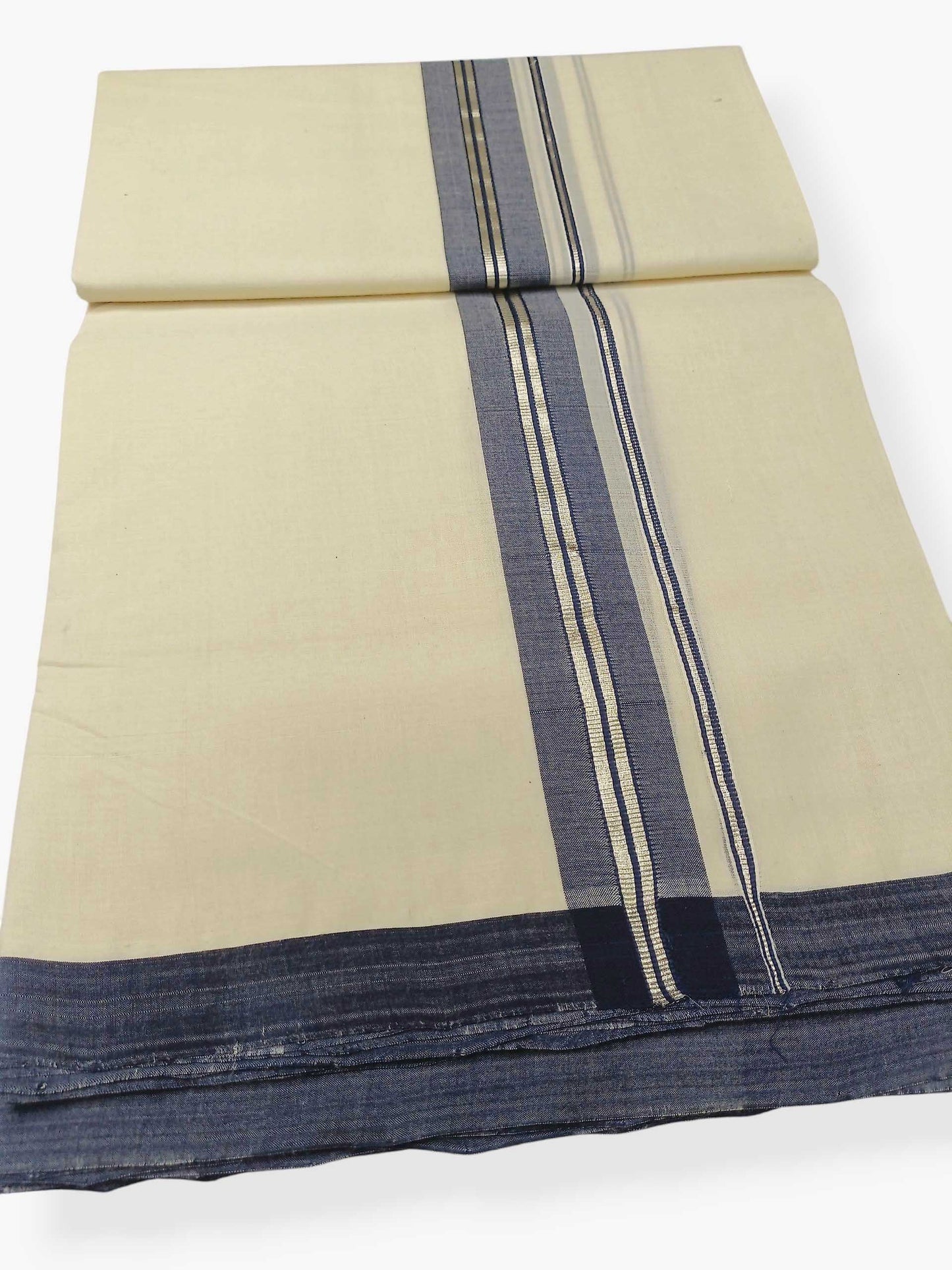Balaramapuram Handloom Double Mundu Pure Cotton with Navy Blue Border
