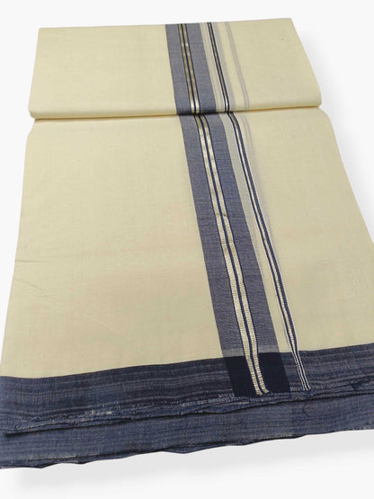 Balaramapuram Handloom Double Mundu Pure Cotton with Navy Blue Border
