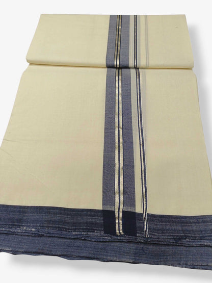 Balaramapuram Handloom Double Mundu Pure Cotton with Navy Blue Border