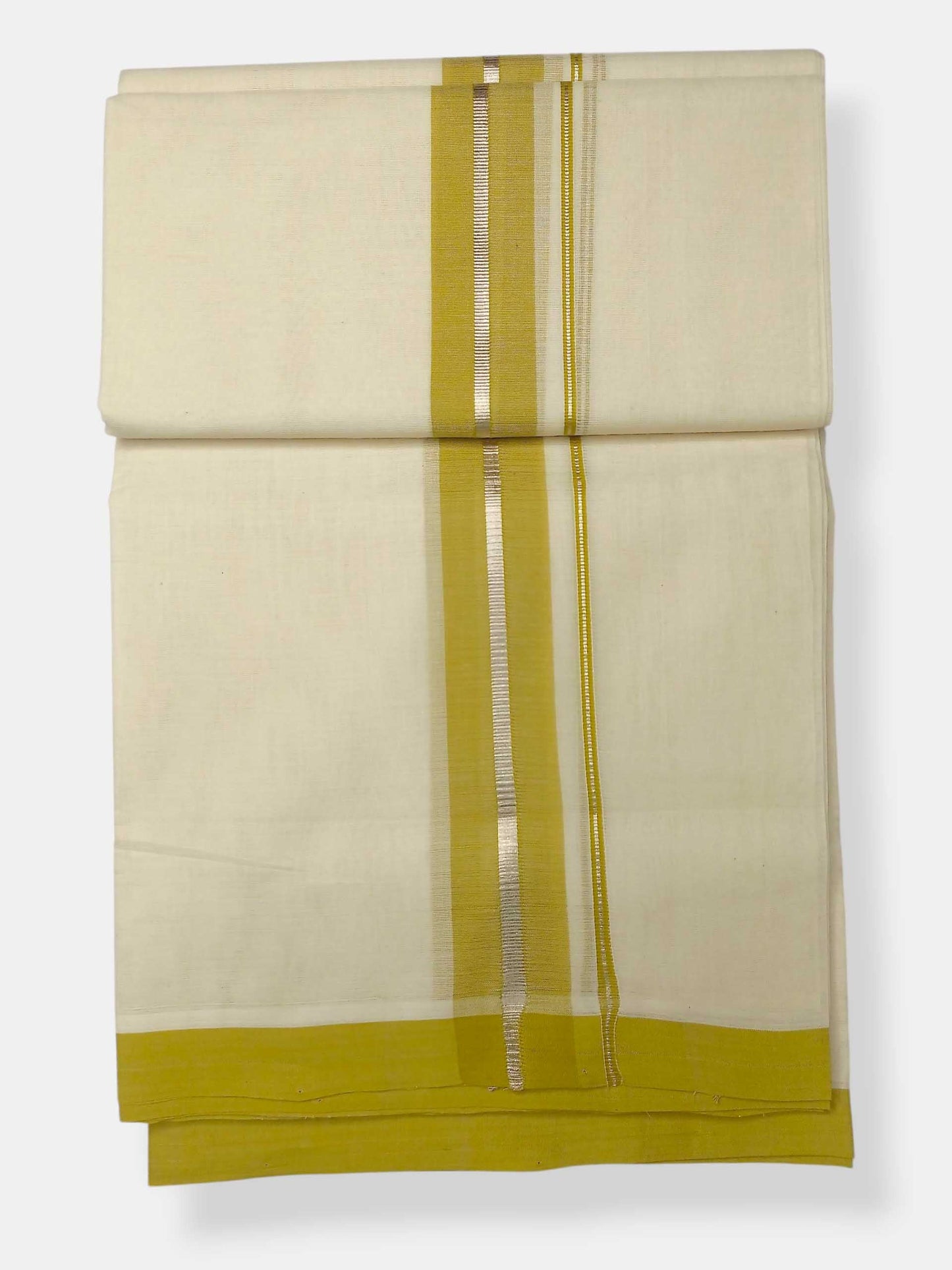 Balaramapuram Handloom Double Mundu Pure Cotton with Yellow Green Border