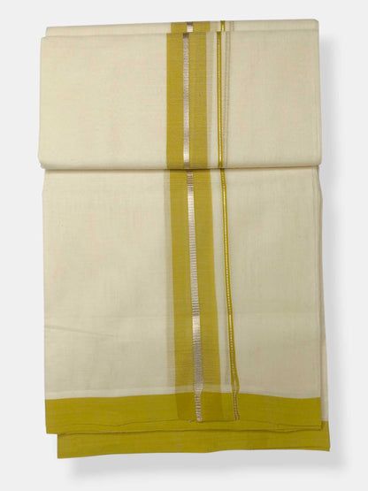 Balaramapuram Handloom Double Mundu Pure Cotton with Yellow Green Border