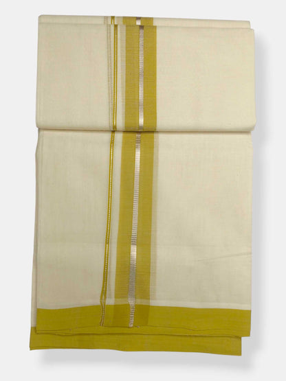 Balaramapuram Handloom Double Mundu Pure Cotton with Yellow Green Border