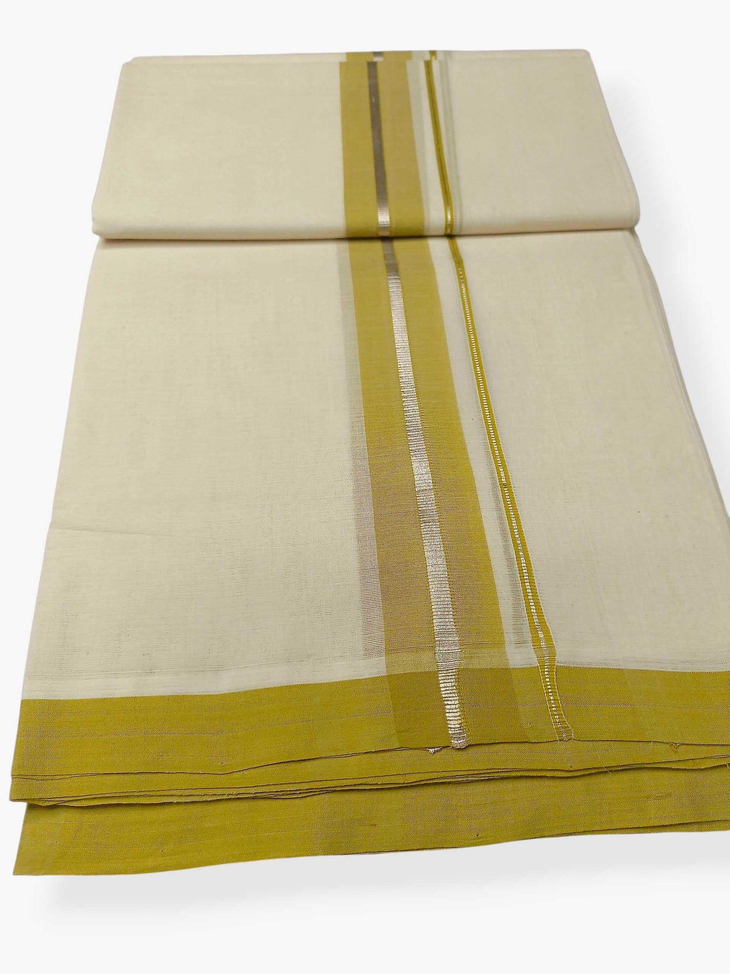 Balaramapuram Handloom Double Mundu Pure Cotton with Yellow Green Border