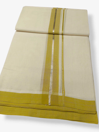Balaramapuram Handloom Double Mundu Pure Cotton with Yellow Green Border