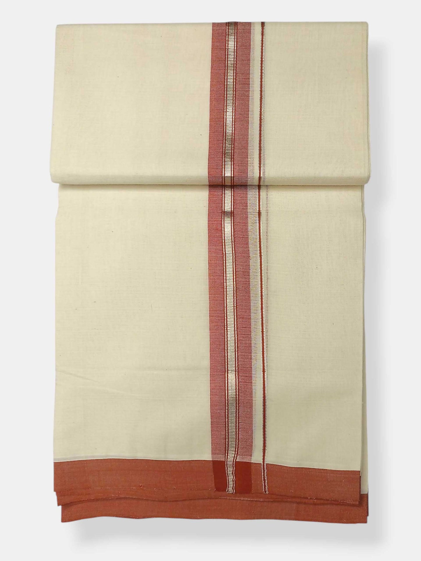 Balaramapuram Handloom Double Mundu Pure Cotton with Dark Orange Border