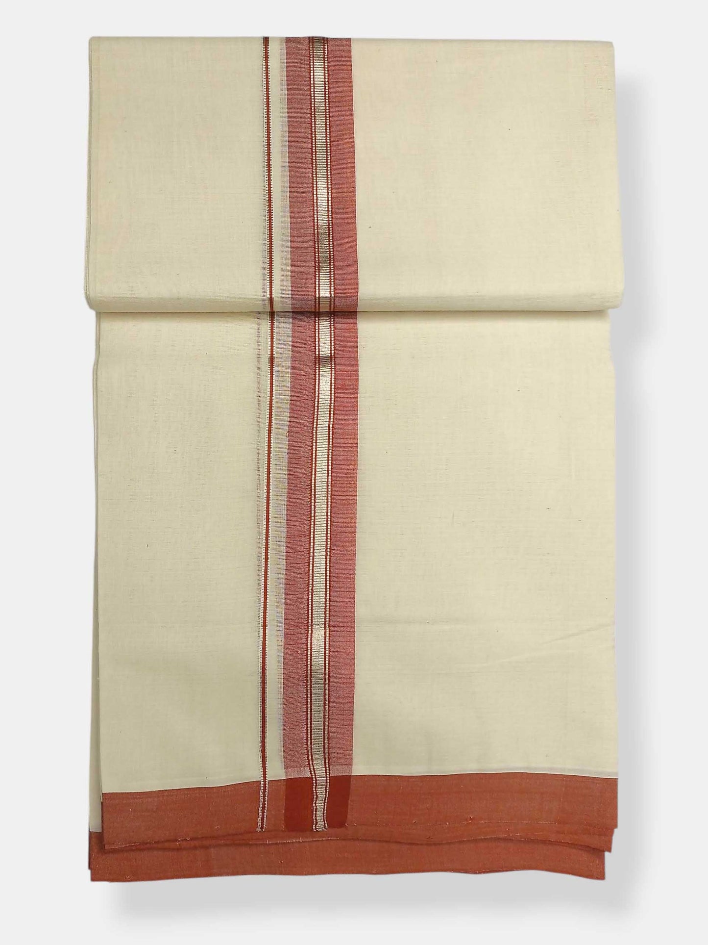 Balaramapuram Handloom Double Mundu Pure Cotton with Dark Orange Border