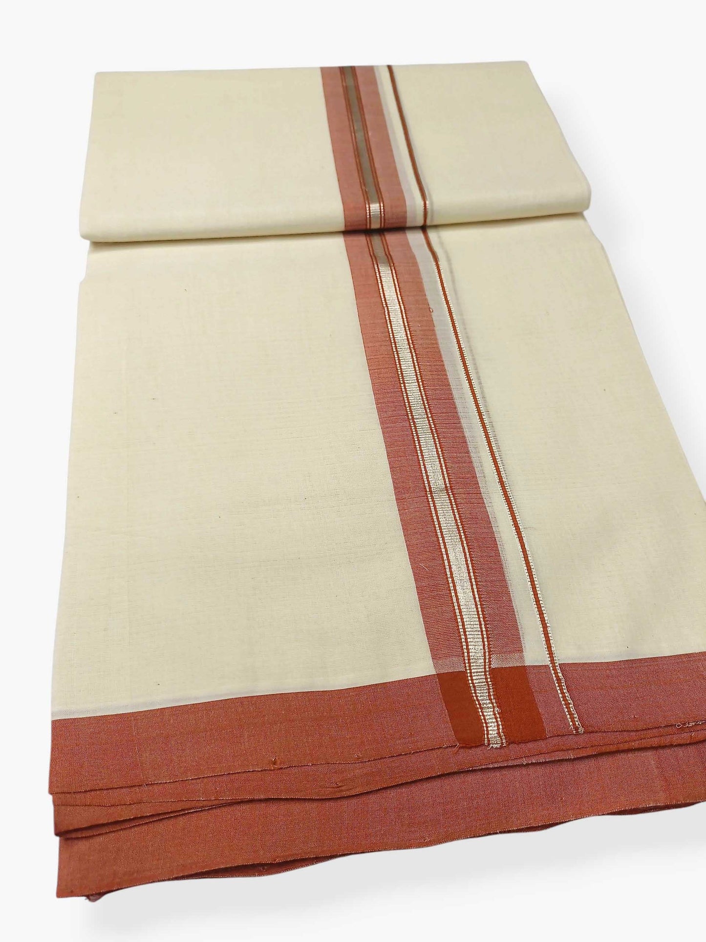 Balaramapuram Handloom Double Mundu Pure Cotton with Dark Orange Border