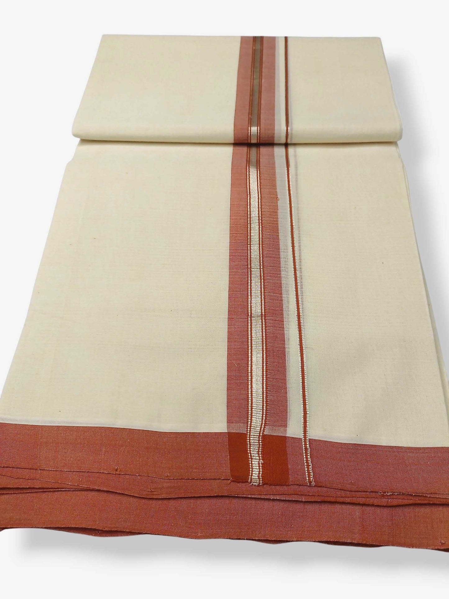 Balaramapuram Handloom Double Mundu Pure Cotton with Dark Orange Border