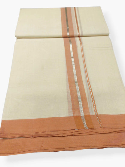 Balaramapuram Handloom Double Mundu Pure Cotton with Peach Border