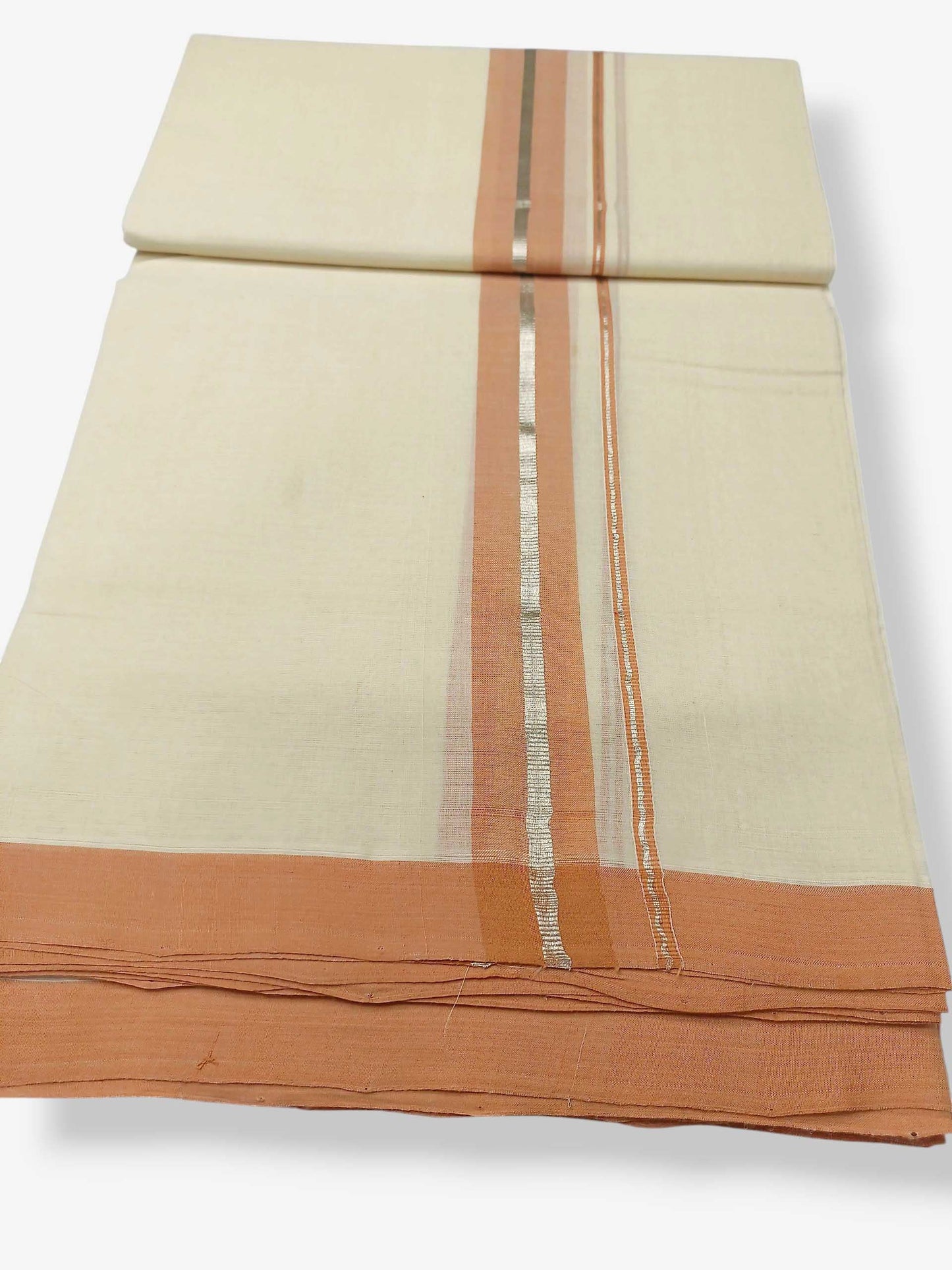Balaramapuram Handloom Double Mundu Pure Cotton with Peach Border