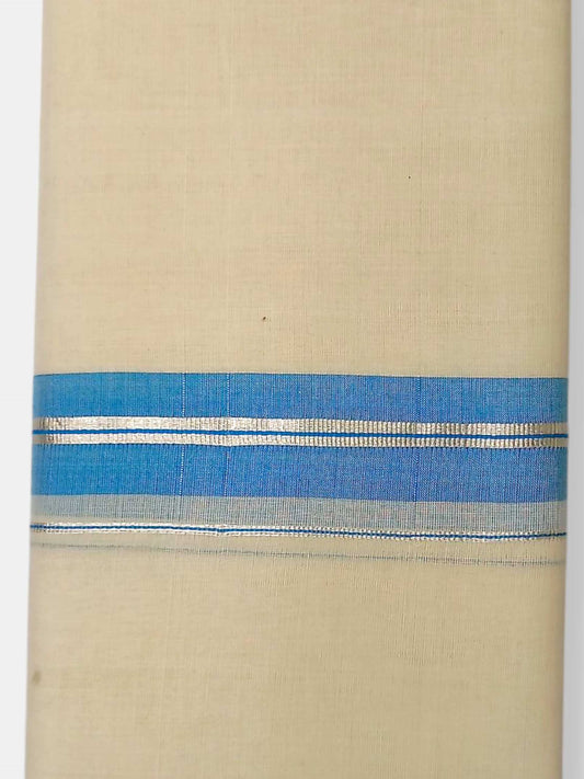 Balaramapuram Handloom Double Mundu Pure Cotton with Aqua Blue Border