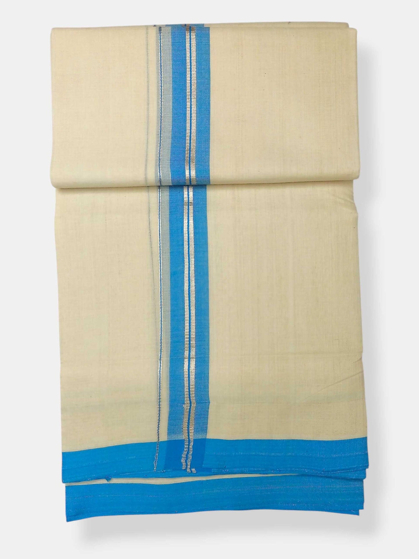 Balaramapuram Handloom Double Mundu Pure Cotton with Aqua Blue Border