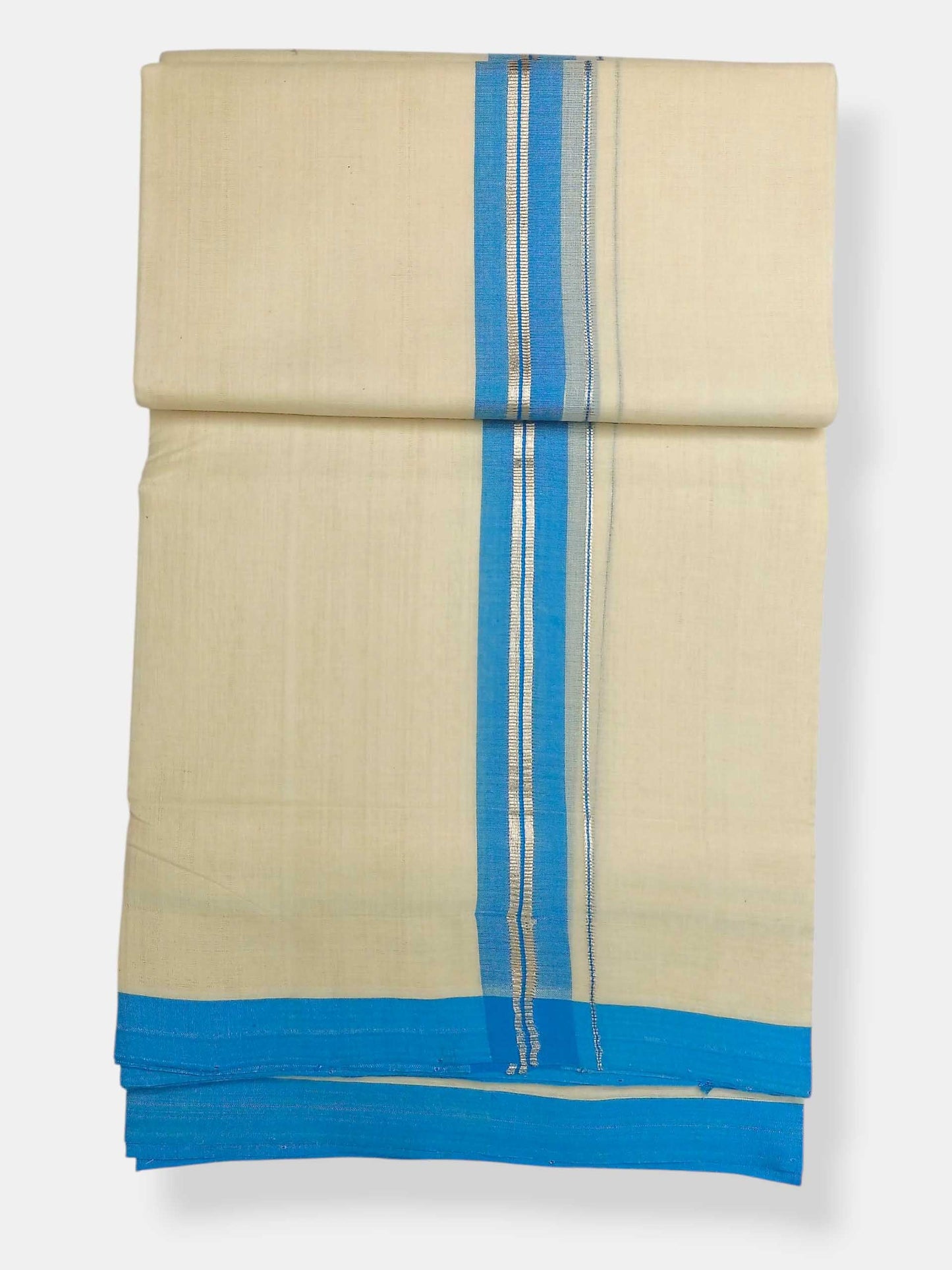 Balaramapuram Handloom Double Mundu Pure Cotton with Aqua Blue Border