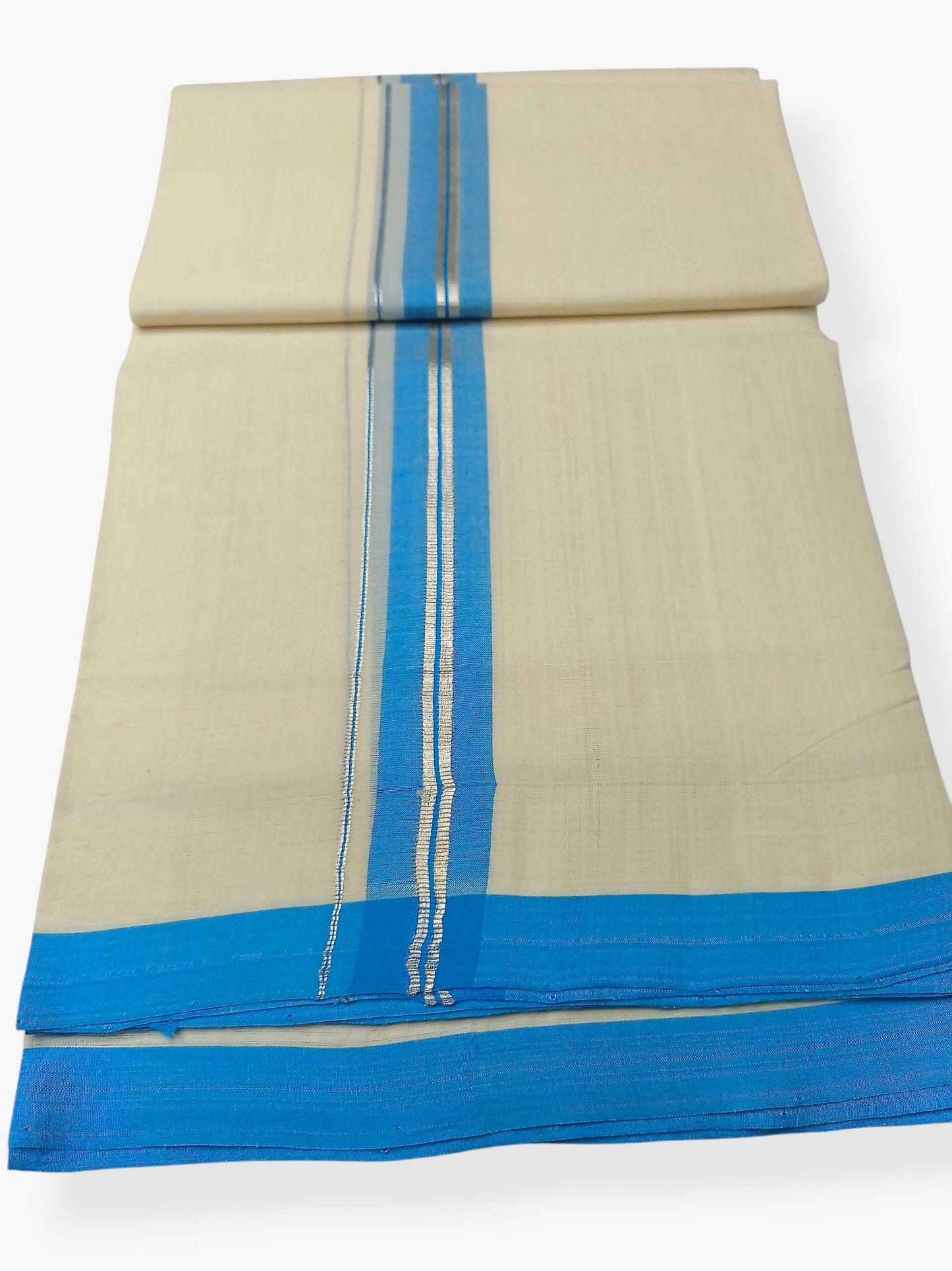 Balaramapuram Handloom Double Mundu Pure Cotton with Aqua Blue Border
