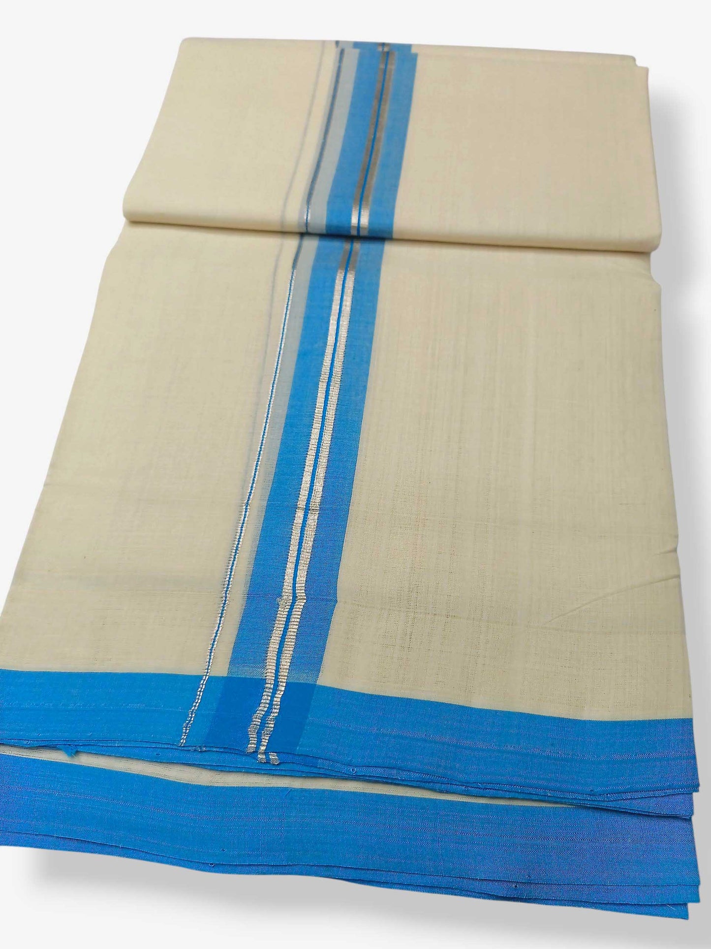 Balaramapuram Handloom Double Mundu Pure Cotton with Aqua Blue Border