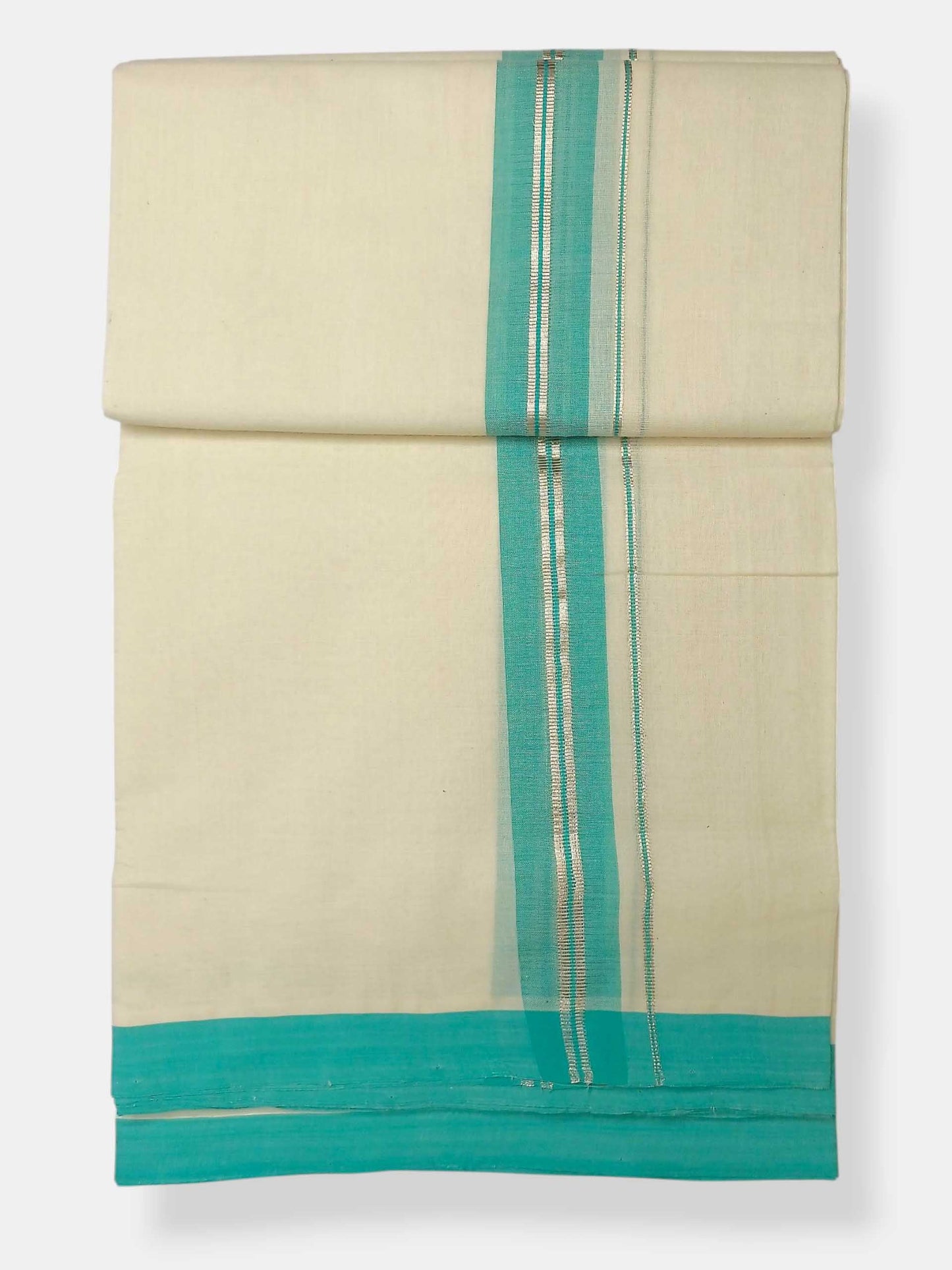 Balaramapuram Handloom Double Mundu Pure Cotton with Turquoise Border