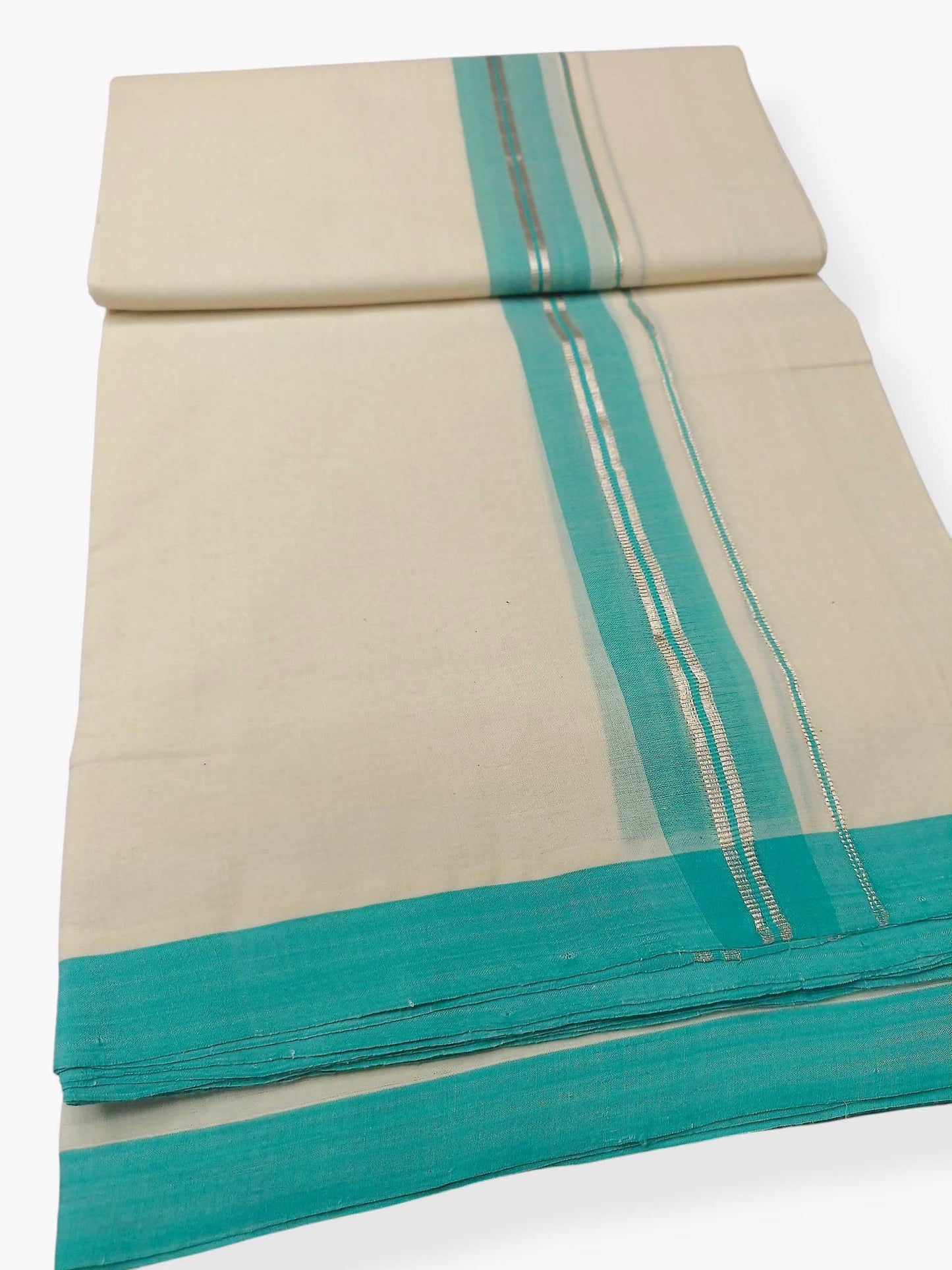 Balaramapuram Handloom Double Mundu Pure Cotton with Turquoise Border