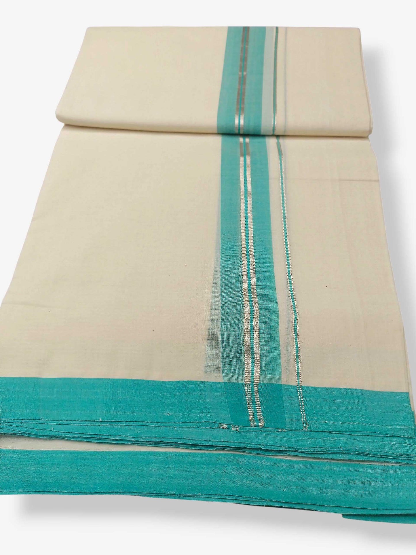 Balaramapuram Handloom Double Mundu Pure Cotton with Turquoise Border