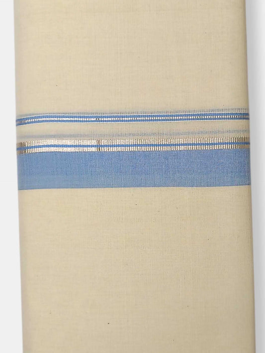 Balaramapuram Handloom Double Mundu Pure Cotton with Ocean Blue Border