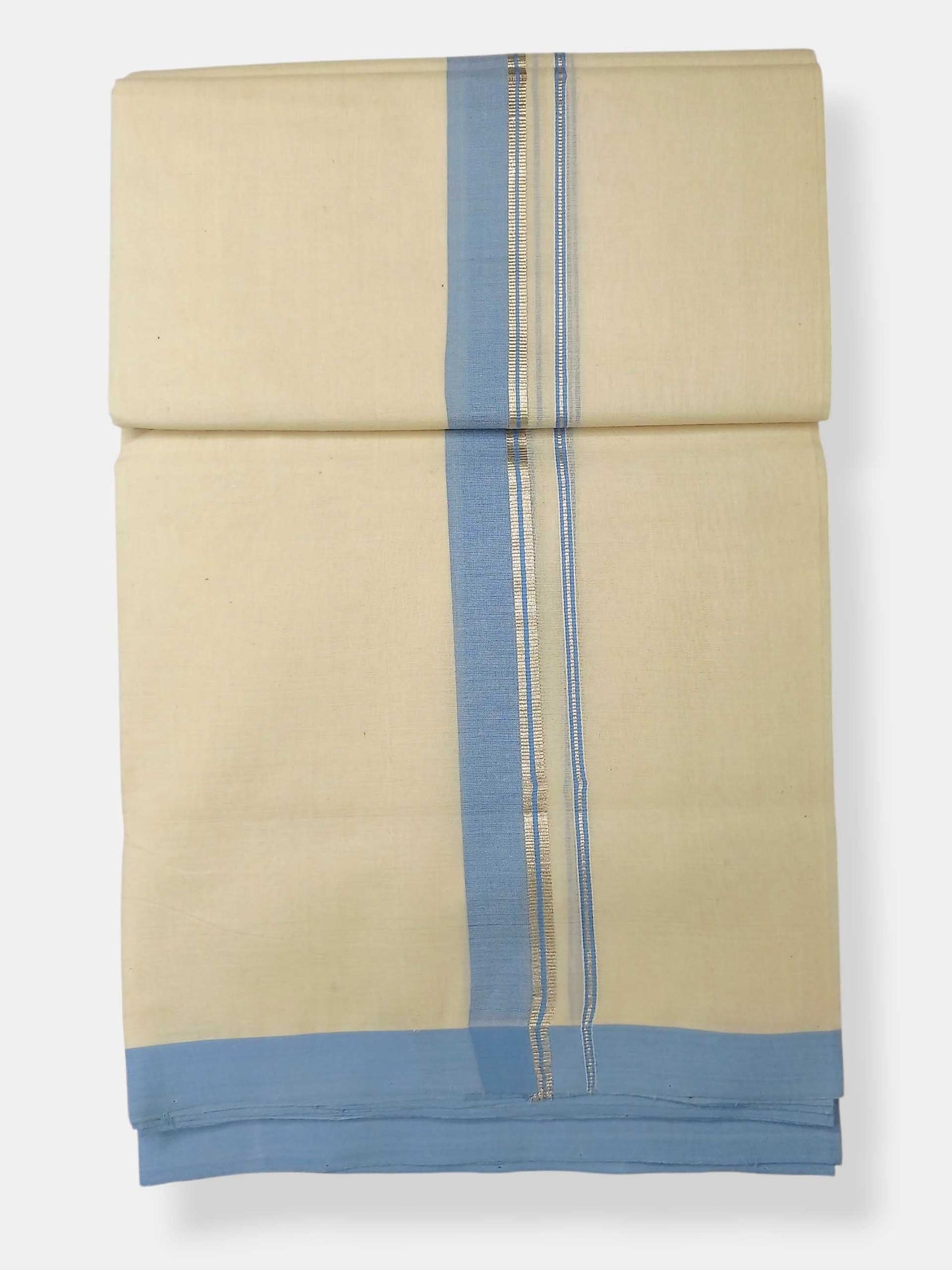 Balaramapuram Handloom Double Mundu Pure Cotton with Ocean Blue Border