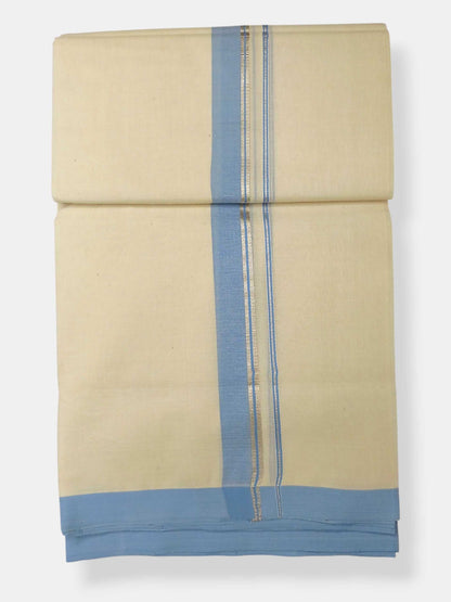 Balaramapuram Handloom Double Mundu Pure Cotton with Ocean Blue Border