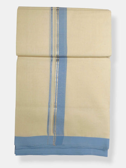 Balaramapuram Handloom Double Mundu Pure Cotton with Ocean Blue Border