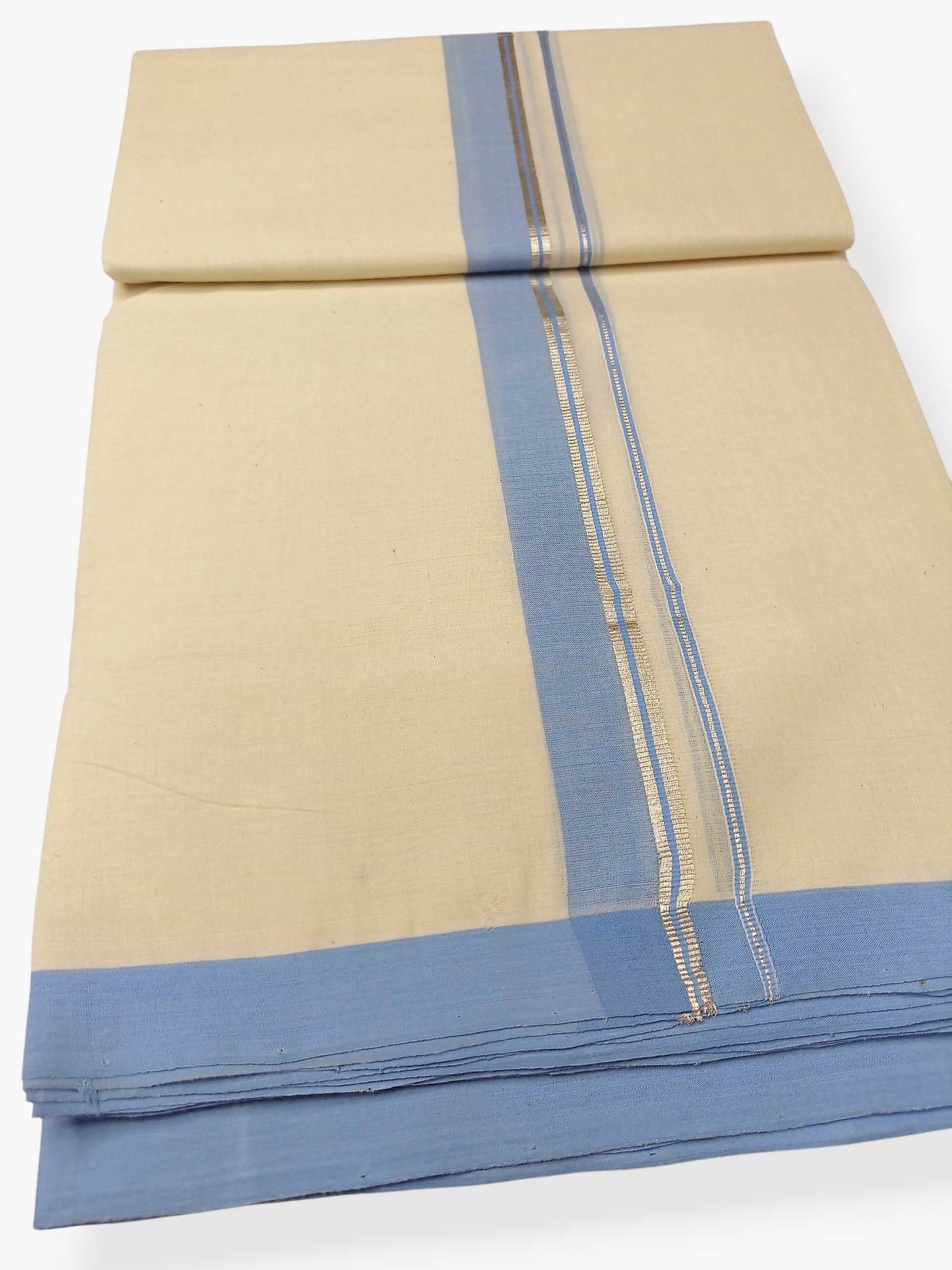 Balaramapuram Handloom Double Mundu Pure Cotton with Ocean Blue Border