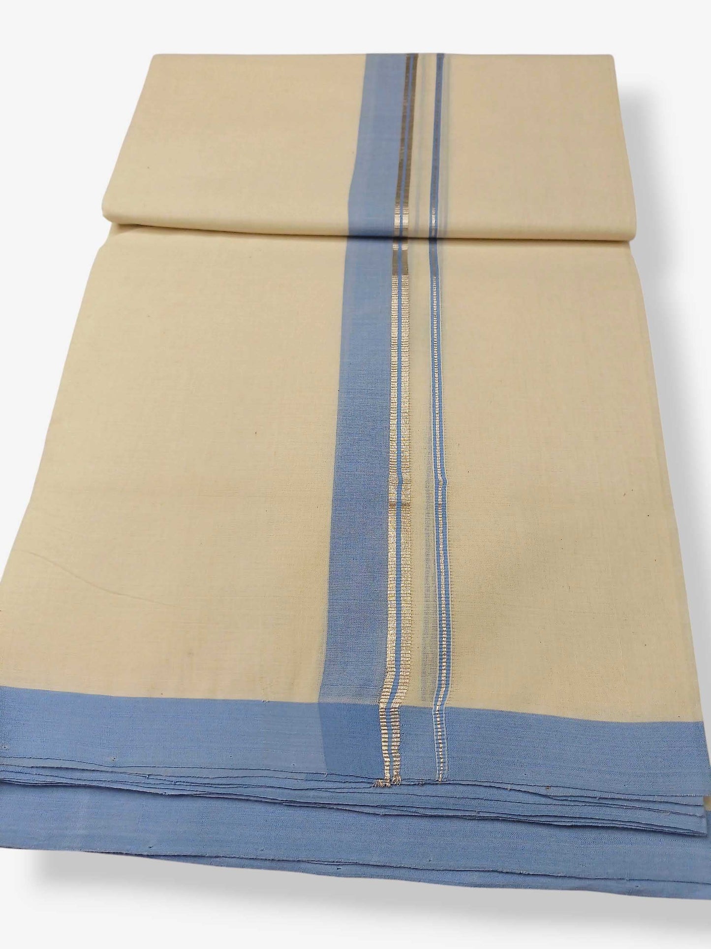 Balaramapuram Handloom Double Mundu Pure Cotton with Ocean Blue Border