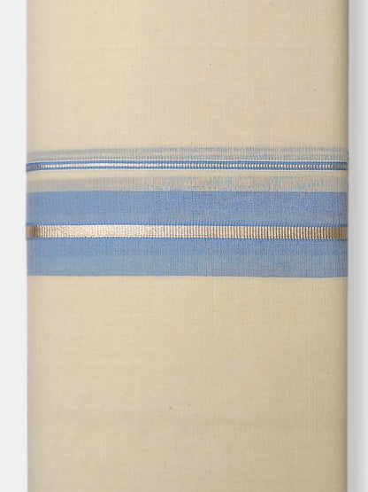 Balaramapuram Handloom Double Mundu Pure Cotton with Ocean Blue Border