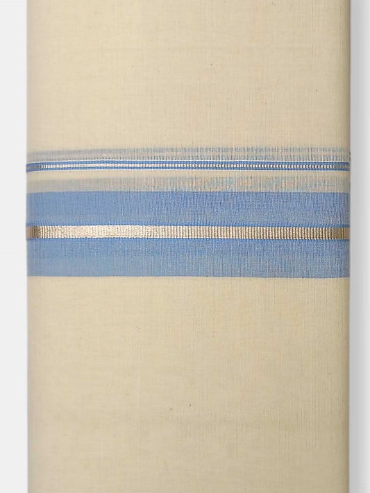 Balaramapuram Handloom Double Mundu Pure Cotton with Ocean Blue Border
