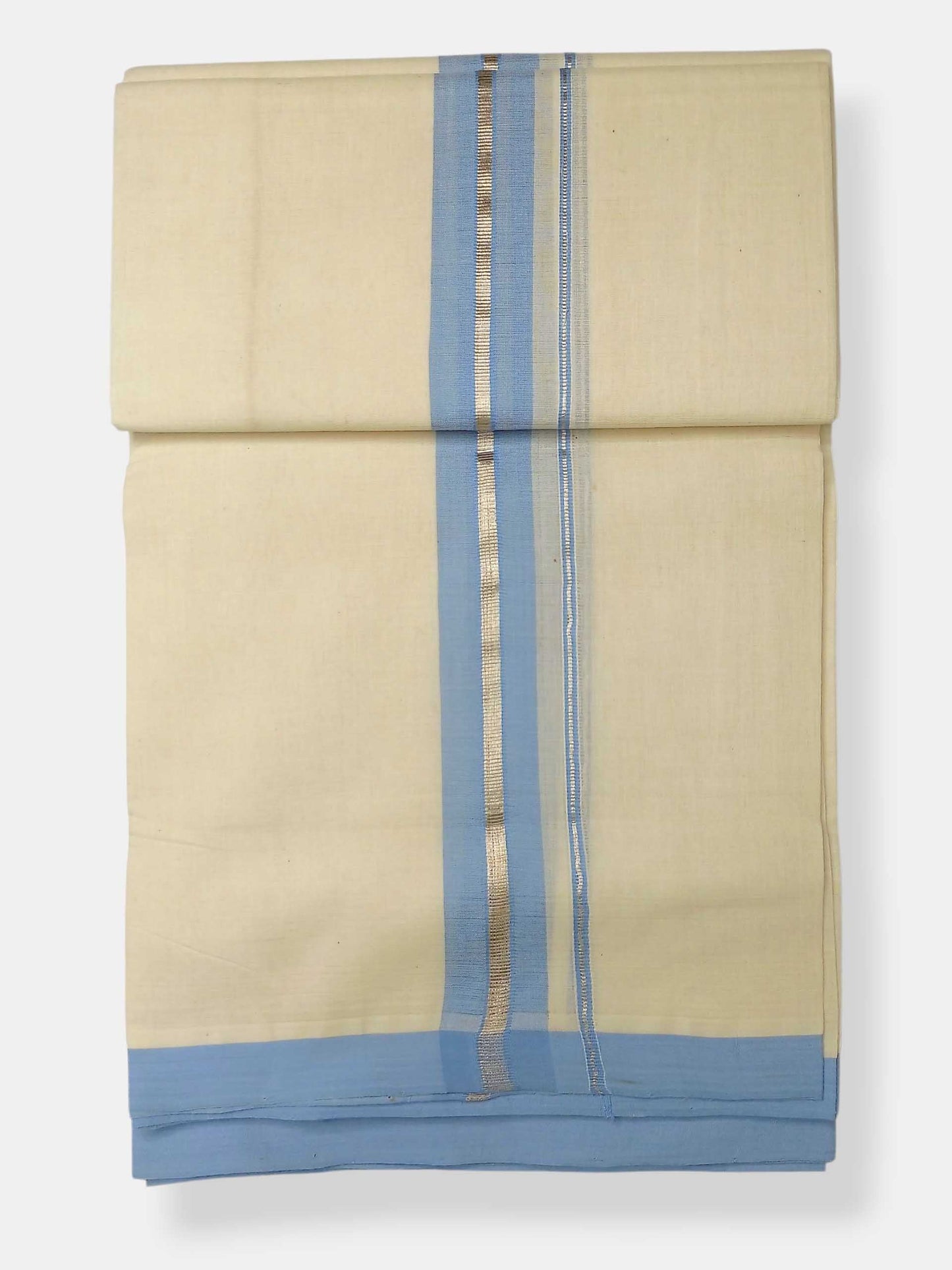 Balaramapuram Handloom Double Mundu Pure Cotton with Ocean Blue Border