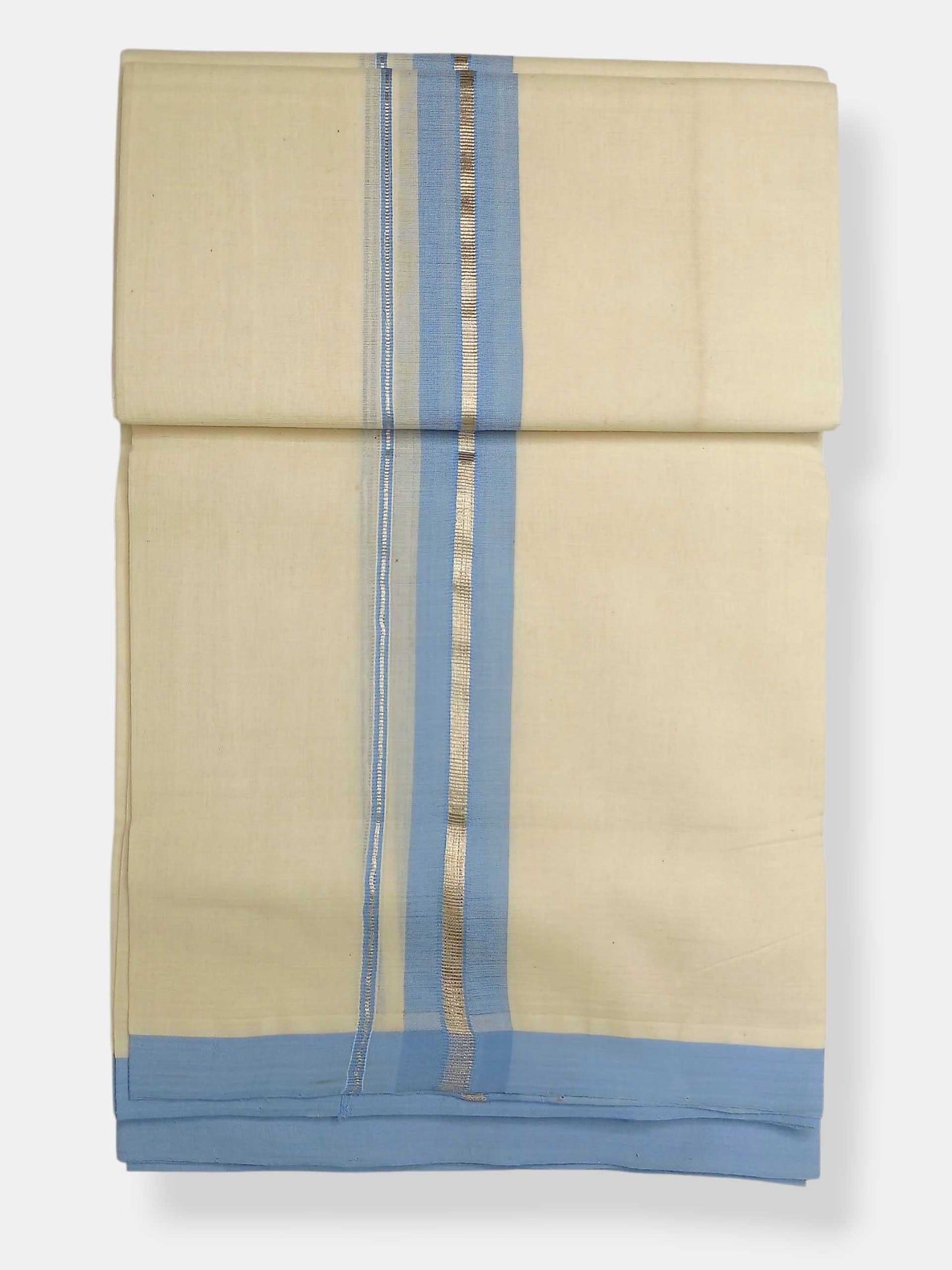 Balaramapuram Handloom Double Mundu Pure Cotton with Ocean Blue Border