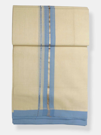 Balaramapuram Handloom Double Mundu Pure Cotton with Ocean Blue Border