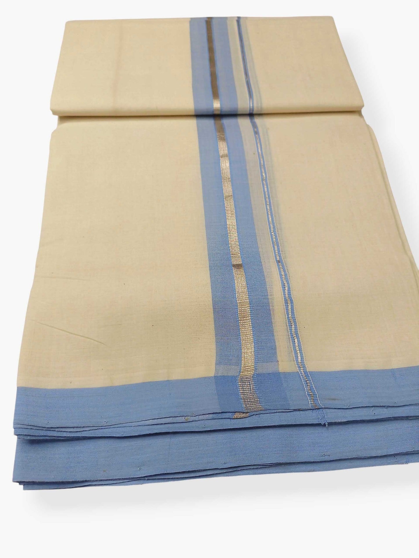 Balaramapuram Handloom Double Mundu Pure Cotton with Ocean Blue Border