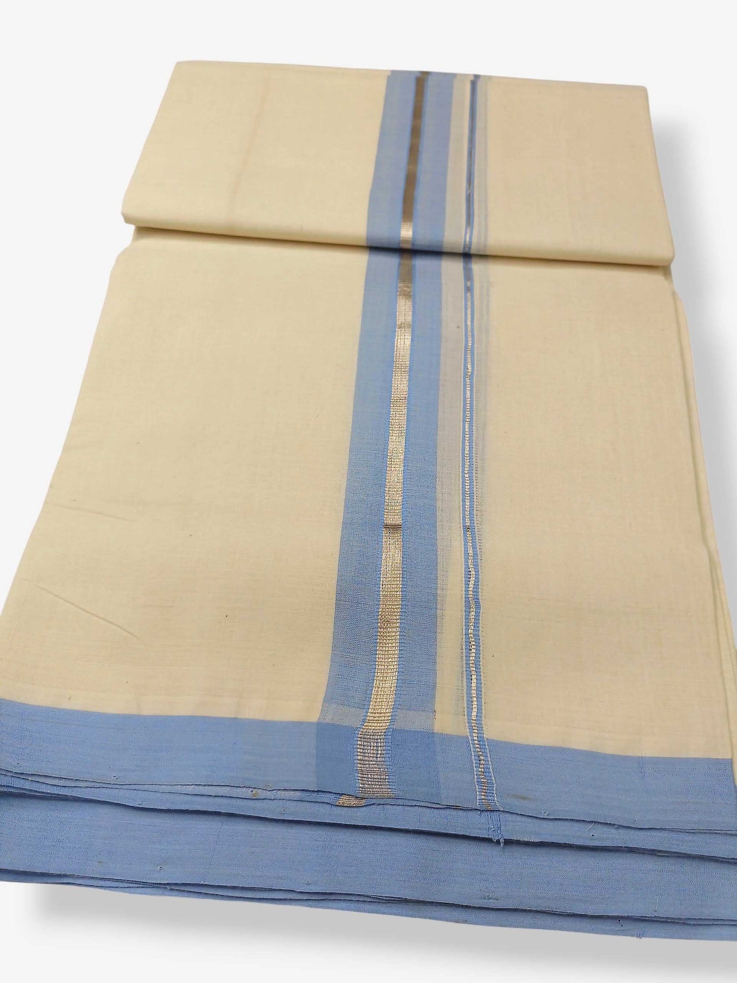 Balaramapuram Handloom Double Mundu Pure Cotton with Ocean Blue Border