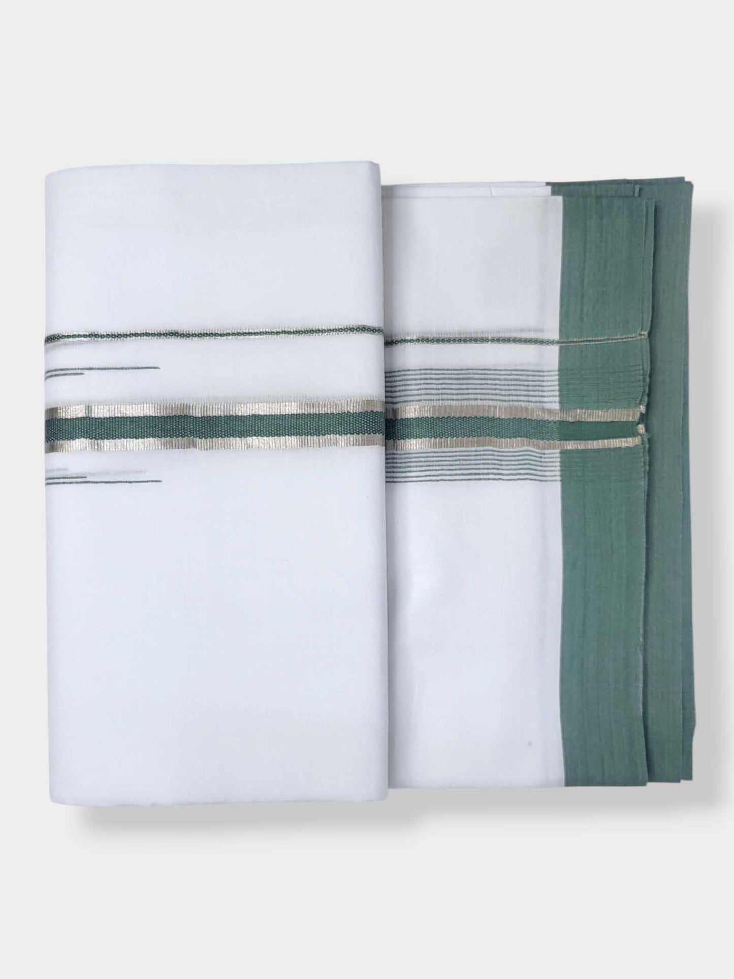 Pure White Chuttikara Double Dhoti with Light Green Border