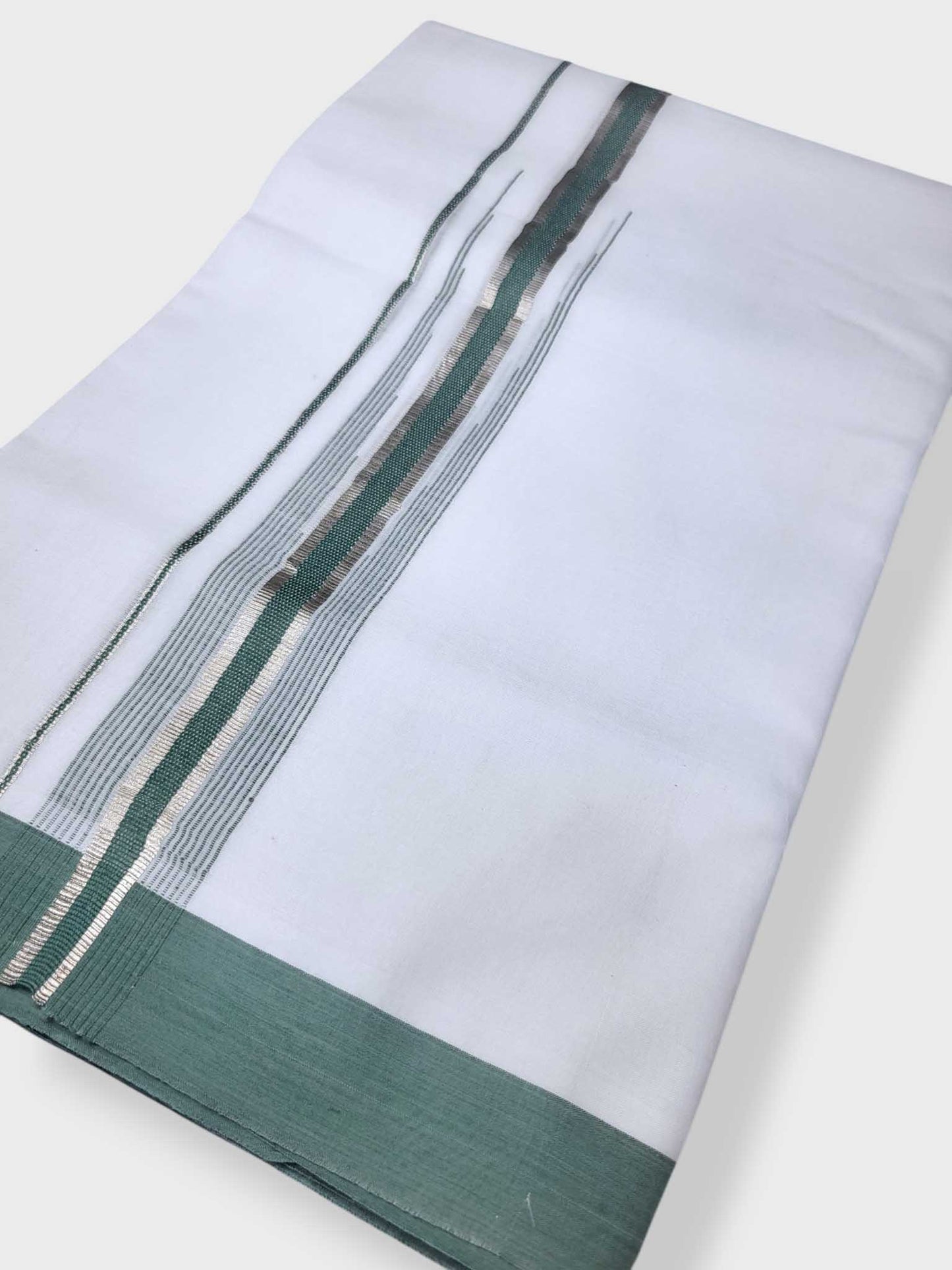 Pure White Chuttikara Double Dhoti with Light Green Border