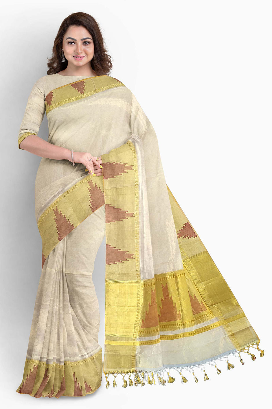 Handloom Kerala Saree with Kasavu Leaf Woven Designs