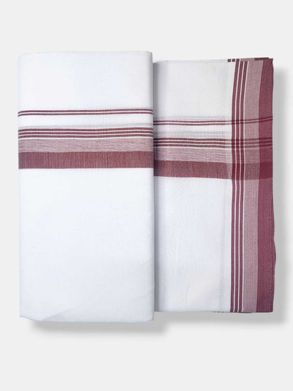 Pure  White Cotton Men's Double Dhoti with Maroon Border