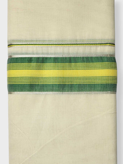 Kerala Mundu/Dhoti (Double) Pure Cotton with Green & Yellow Border