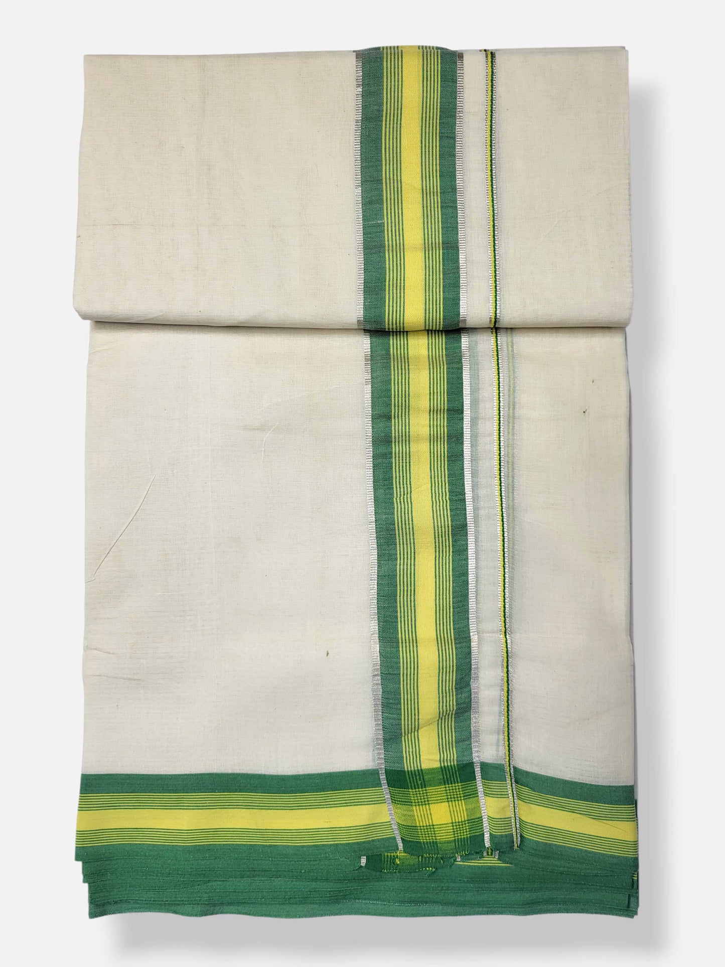 Kerala Mundu/Dhoti (Double) Pure Cotton with Green & Yellow Border