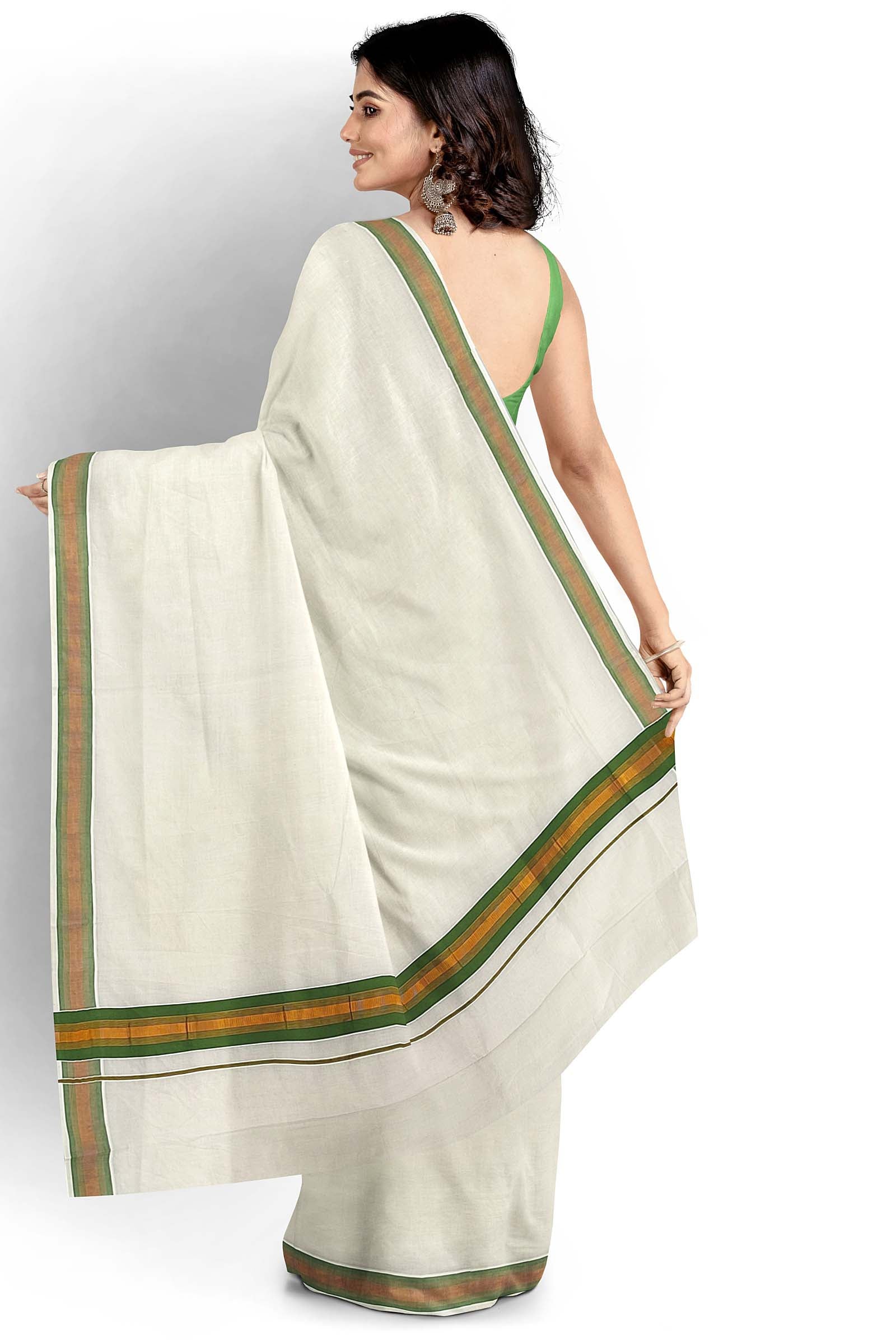 Set Saree Green/Golden kara Peacock Print - Mallu Shoppers