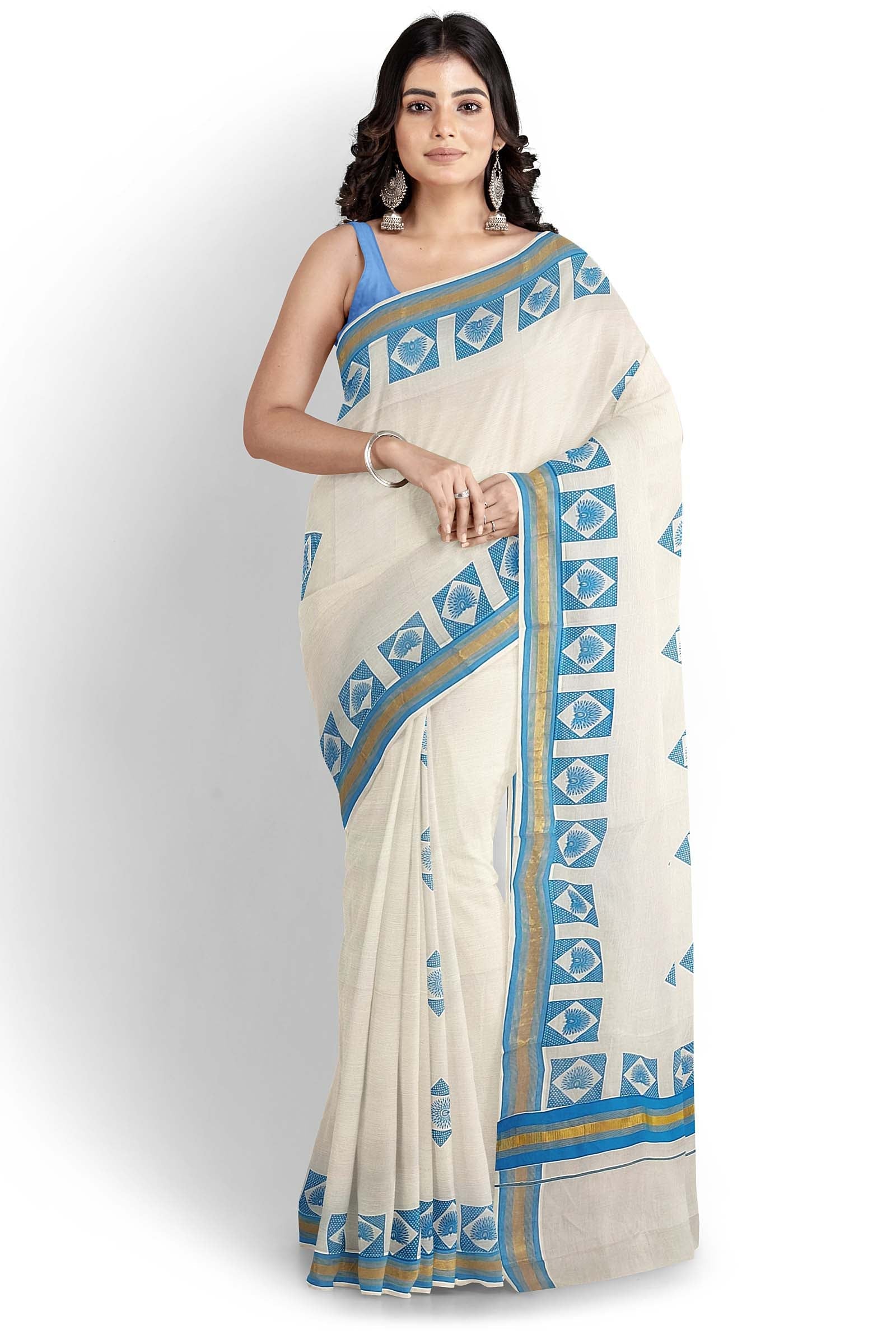 Kerala Set Saree with Navy Blue Blouse