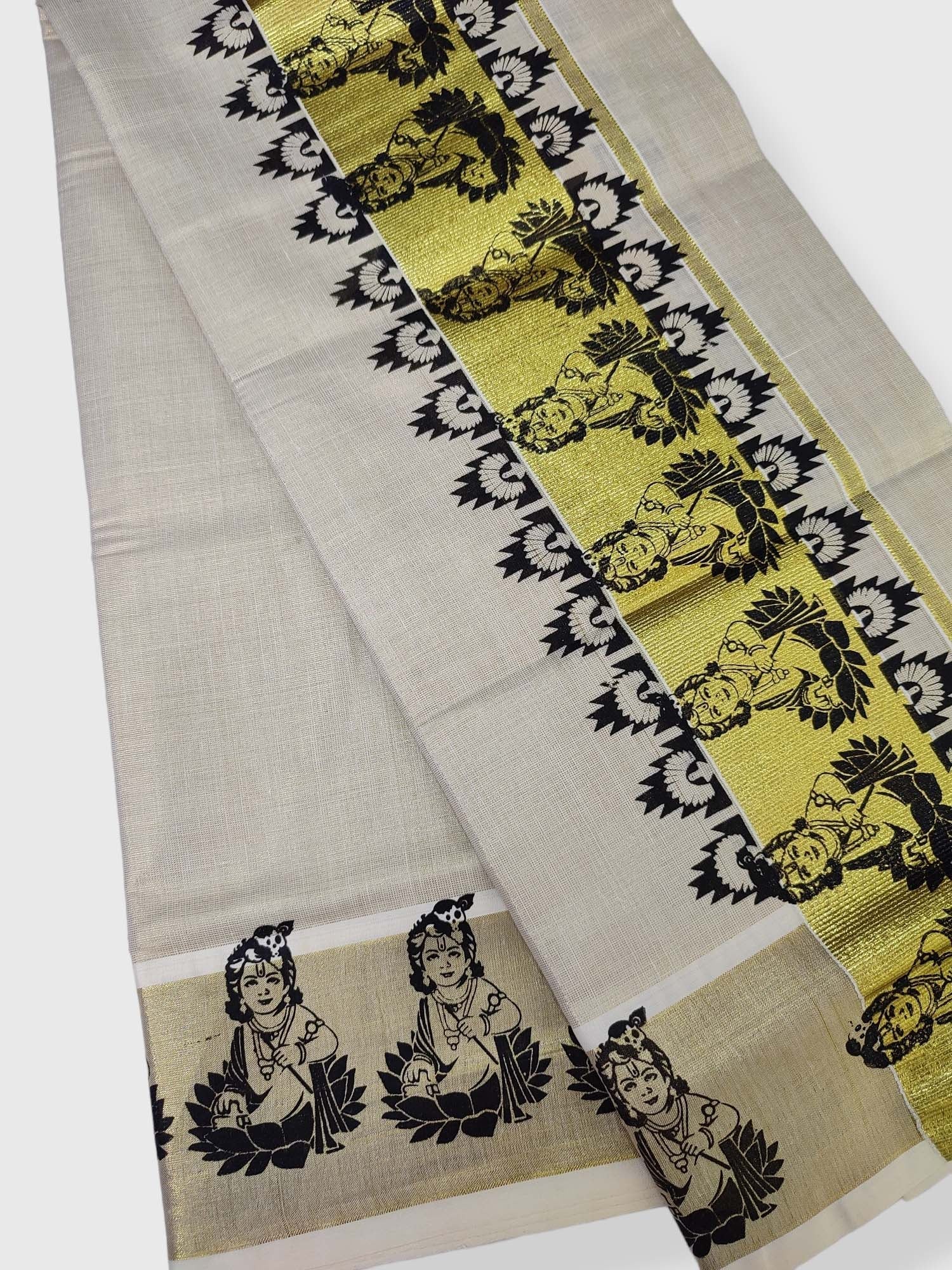 Buy Southloom Women's Pure Cotton Kerala Kasavu Saree with Black Floral  Block Printed Design at Amazon.in