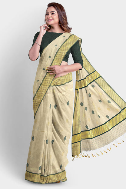 Kerala Handloom Tissue Saree with Gold and Green Colour Leaf Mottif