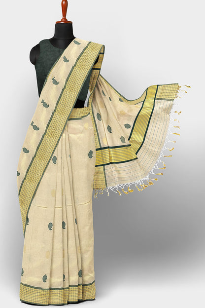 Kerala Handloom Tissue Saree with Gold and Green Colour Leaf Mottif