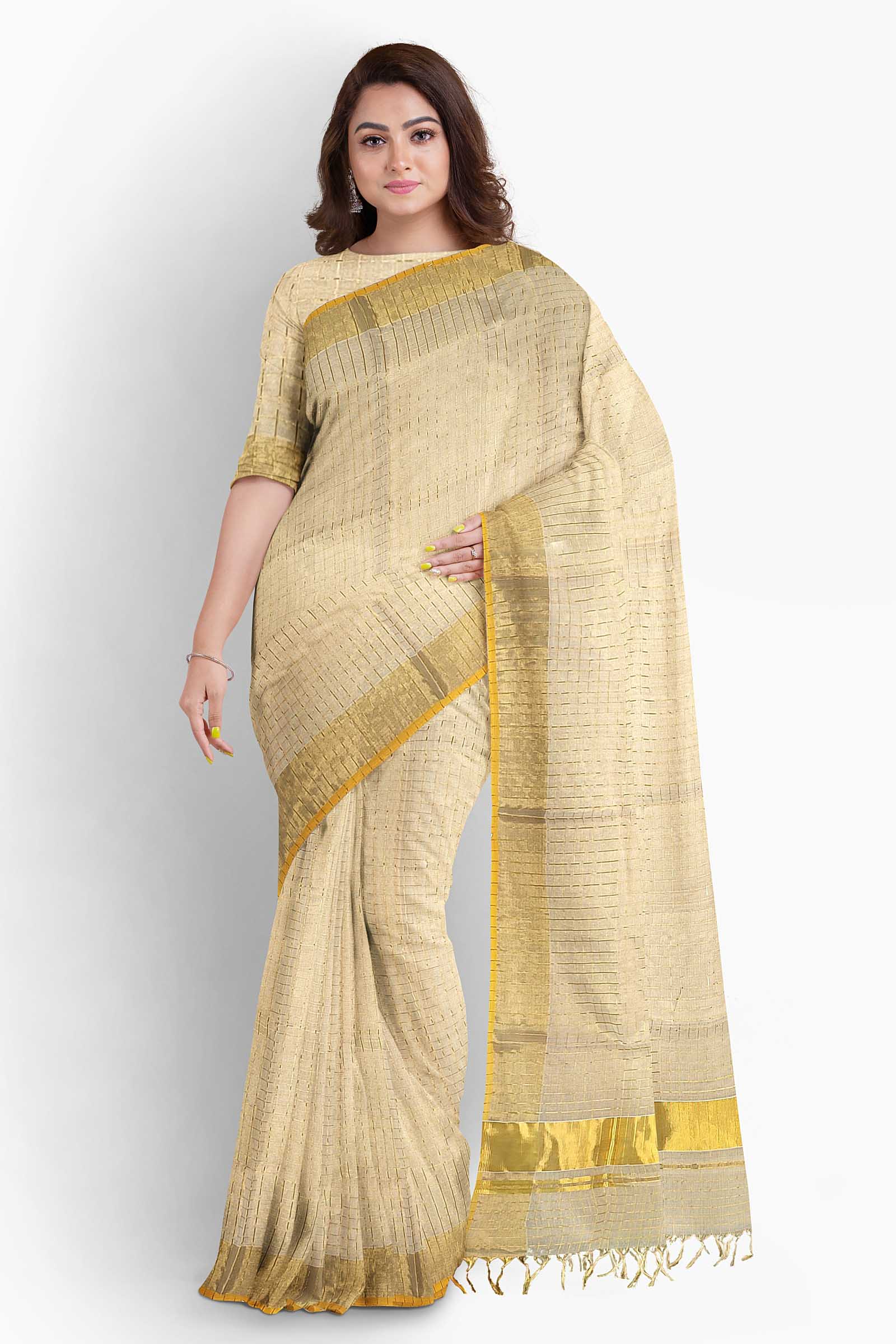 Kuthampully Set Saree/ Kerala Saree:Set Saree in Tissue Material with  Peacock's Feather Work - RPC007