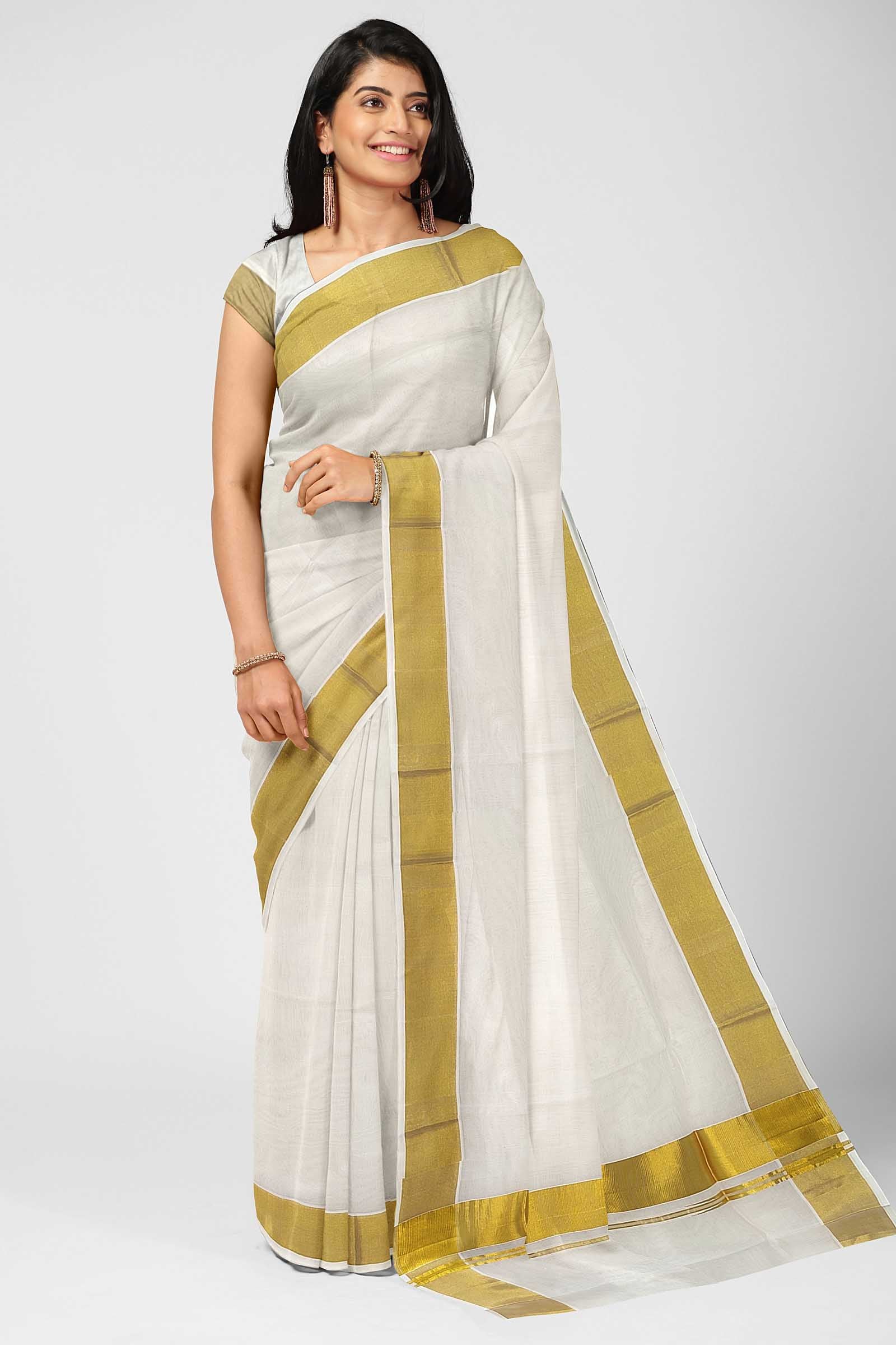 Teejh Sheila White and Gold Kerala Cotton Kasavu Saree